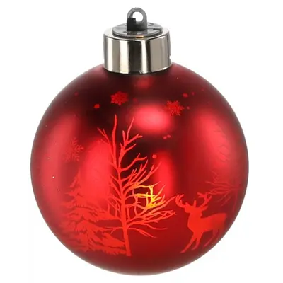 Ялинкова скляна кулька Chomik червона з LED підсвіткою 8 см, сніжинки