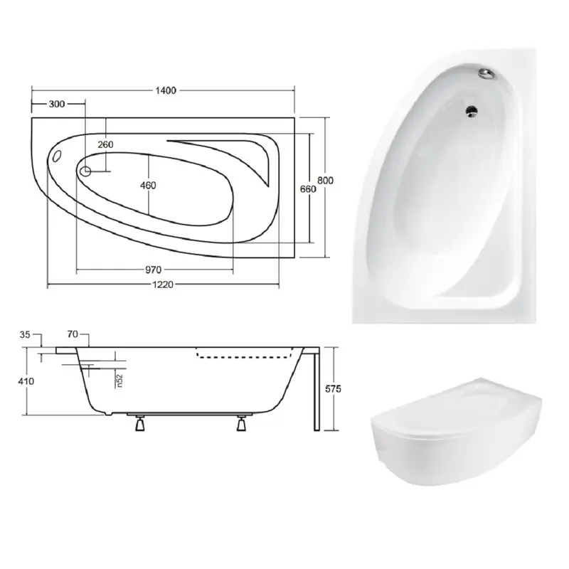 Ванна акрилова асиметрична Cornea 140x80 R з ногами і панеллю ( А0050978 )