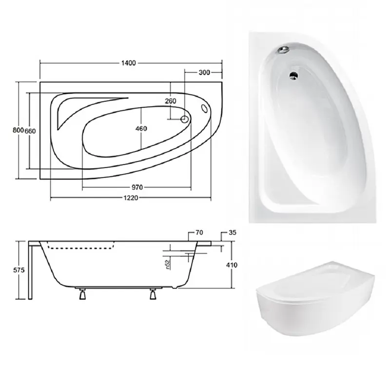 Ванна акрилова асиметрична Cornea 140x80 L з ногами і панеллю ( А0051183 )