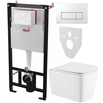 Інсталяція AlcaPlast 4в1 AM101/1120 з хромованою прямокутною кнопкою M571 + підвісний унітаз Kvadro